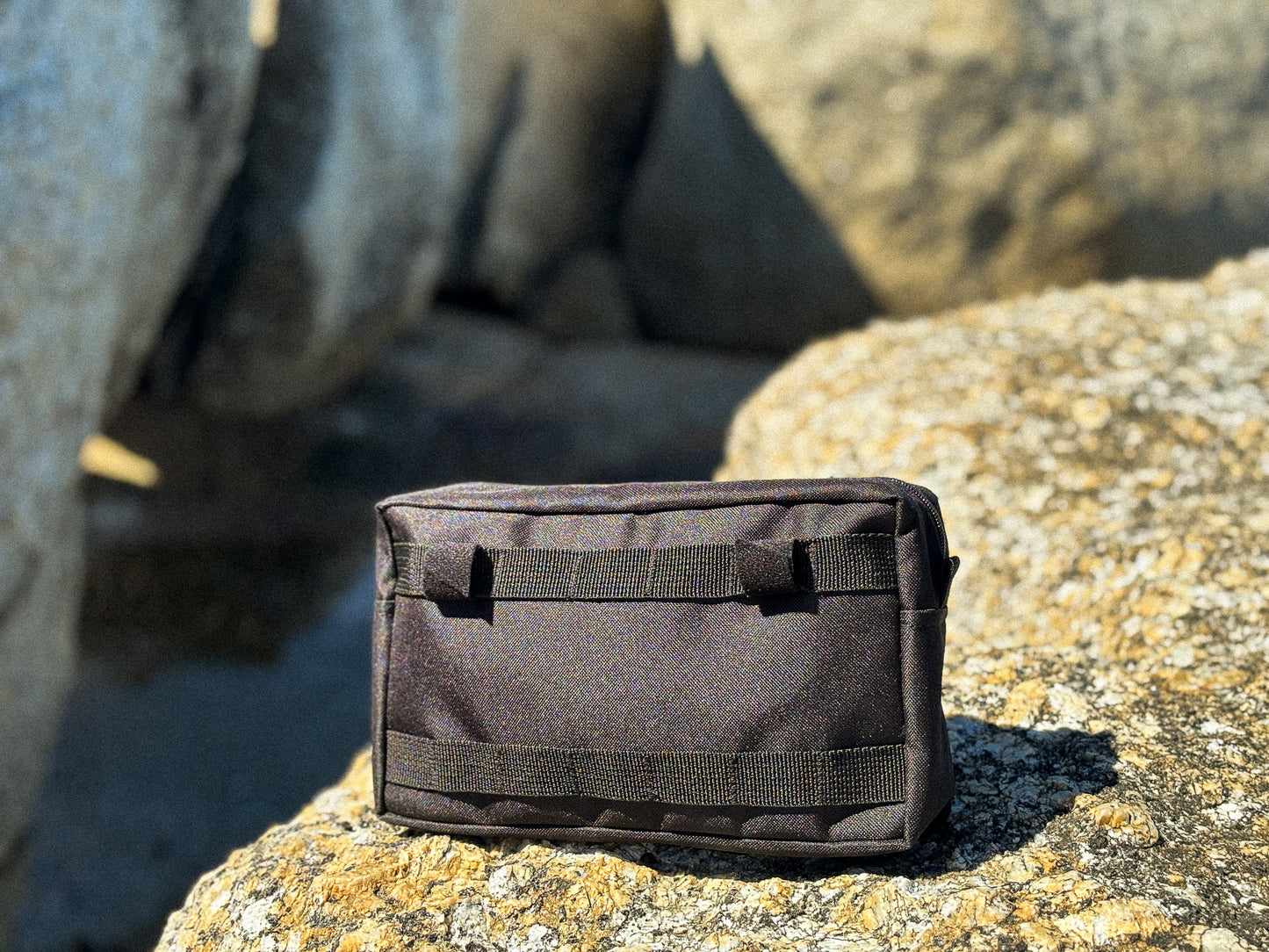Anywhere Pouch in Black shown from the back with molle straps