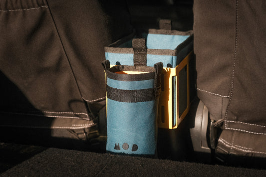 Caddy Box in Yellow with Teal Caddy Pouch and Teal Water Bottle Pouch mounted in a Jimny 3