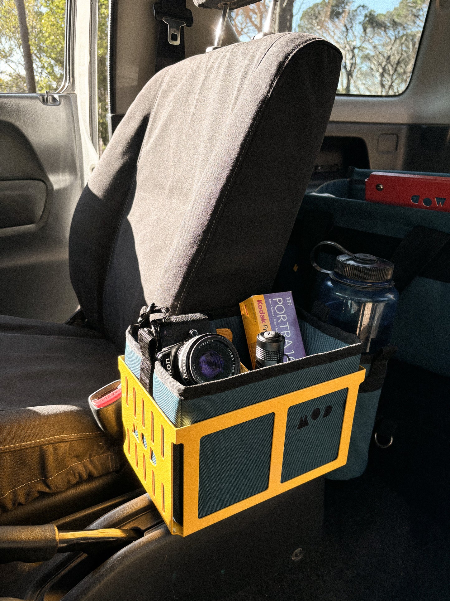 Caddy Box and Bottle Pouch installed in Jimny with Cargo Tote in the back