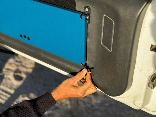 Rear Door Table in Blue on Jimny 3 detail of tie down