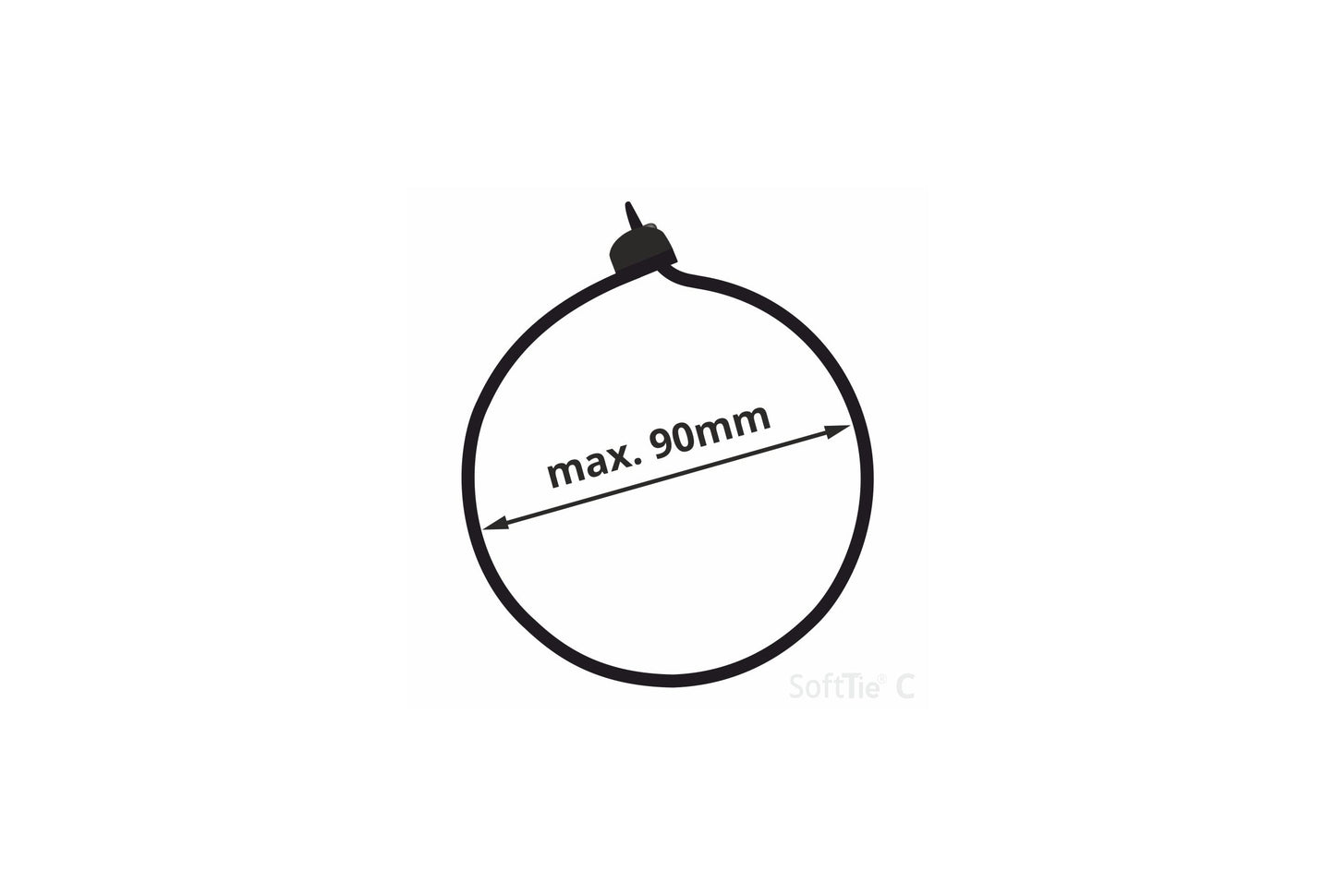 Diameter size of SoftTie 320mm strap showing 90mm