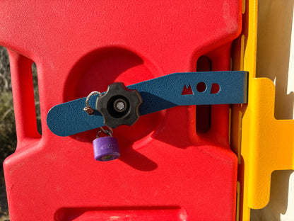 Close up of fuel tank holder on rear door mount on Suzuki Jimny 3 showing locking system
