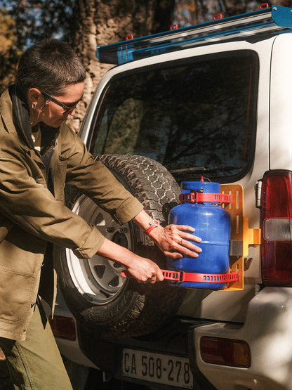 Rear Door Mount showing the storage on a Jimny 3 with a Gas Bottle being tied on