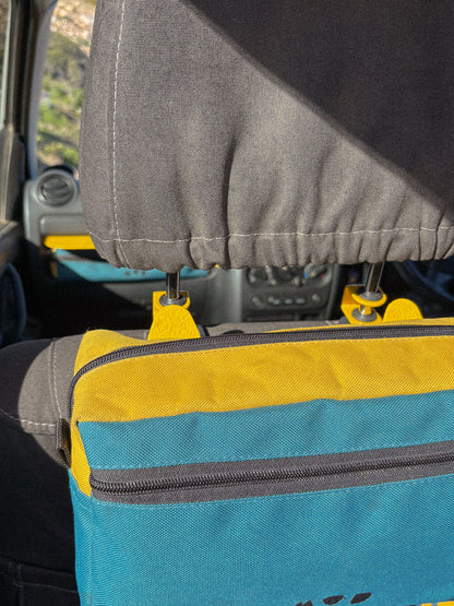 Seat Hooks on headrest posts showing storage close up with bag