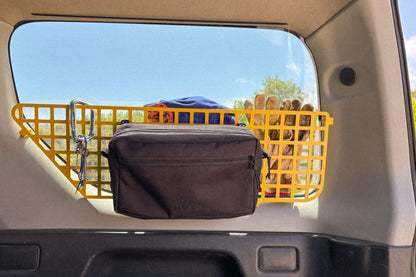 Suzuki Jimny 3 Molle Panel Storage in rear window, packed and cargo bags strapped on